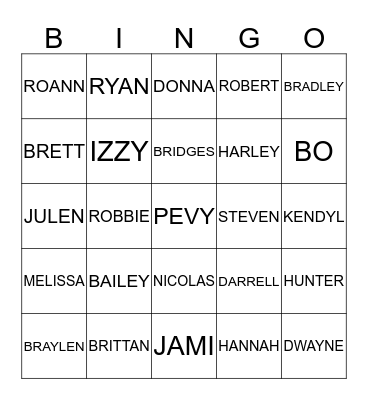 PEVY Family Bingo Card