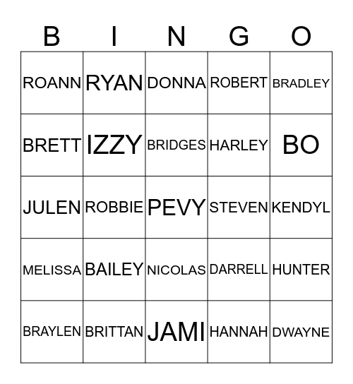 PEVY Family Bingo Card