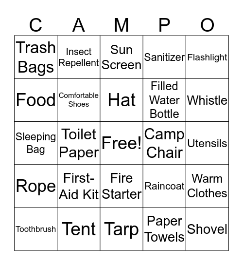 Camping List Bingo Card