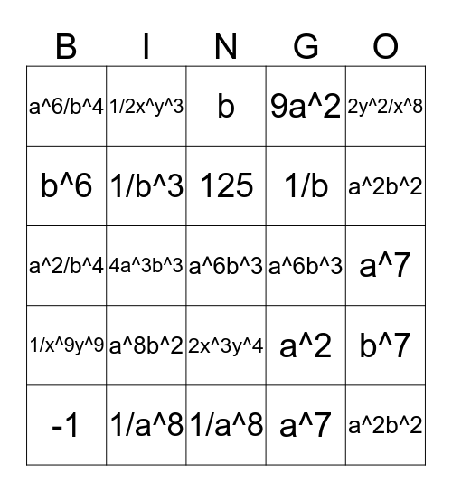 Exponent Bingo Card