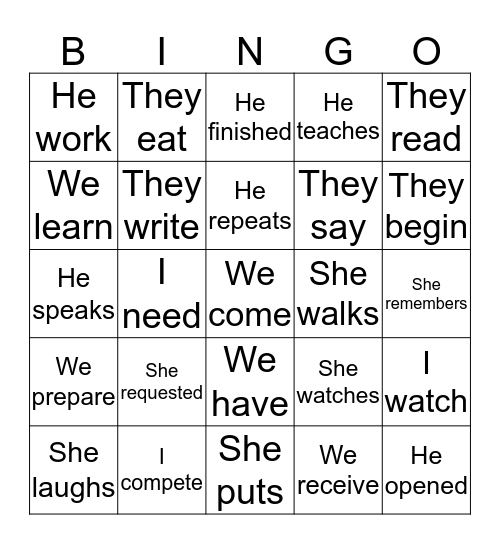 Stem-changing e to I verbs  Bingo Card
