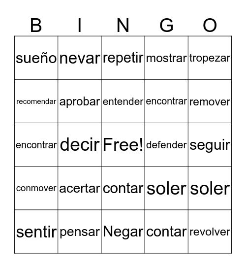 Stem changing verbs Bingo Card