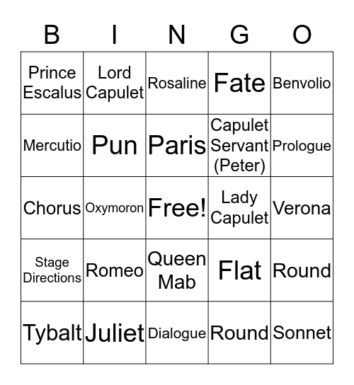 Romeo and Juliet - Act 1 Bingo Card