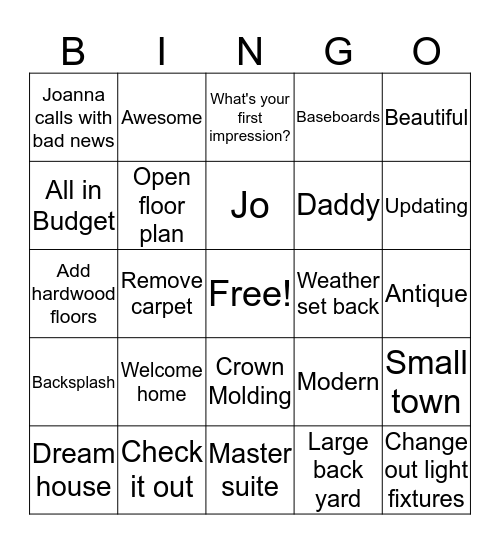 Fixer Upper Bingo Card