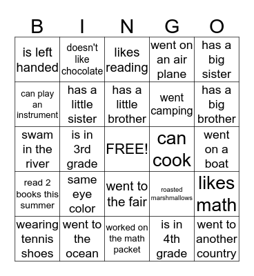 Back To School Bingo Card