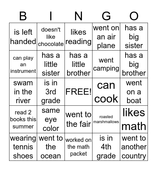 Back To School Bingo Card