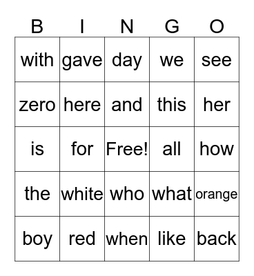 Sight Words Bingo Card