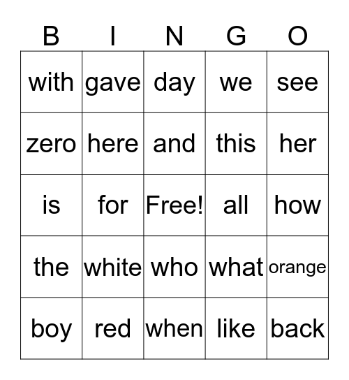 Sight Words Bingo Card