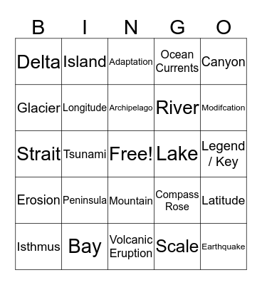 Basic Landforms and Geography Review Bingo Card