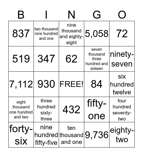 Number Bingo Card