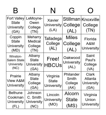 HBCU Bingo Card