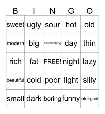 Opposites Bingo Card