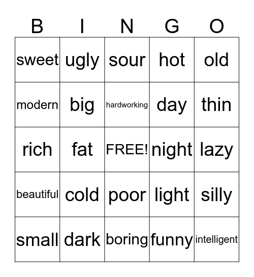 Opposites Bingo Card