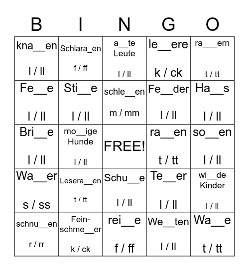 Phonemstufe 2 / 3: einfacher oder doppelter Mitlaut Bingo Card