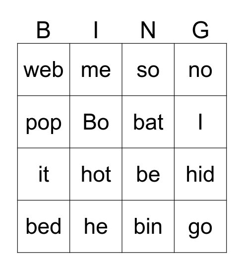 Open and Closed Syllables Bingo Card
