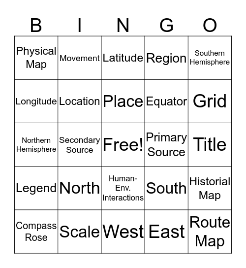 Geography and Map Skills Bingo Card