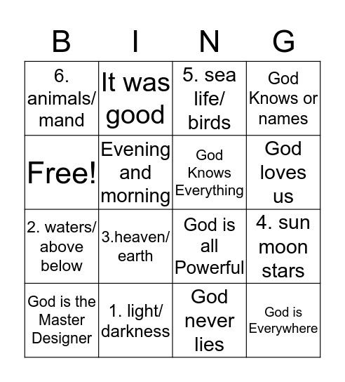 Creation Bingo Card
