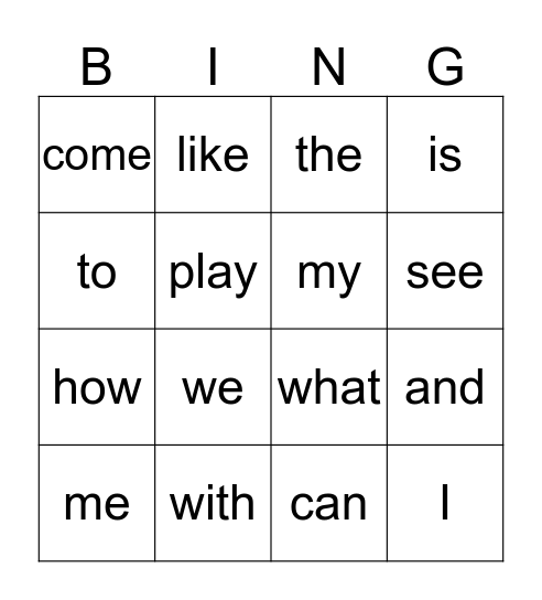 Kindergarten Unit 1 Bingo Card
