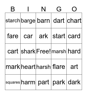 R controlled vowels (ar) Bingo Card