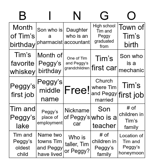 Tim and Peggy Bingo Card