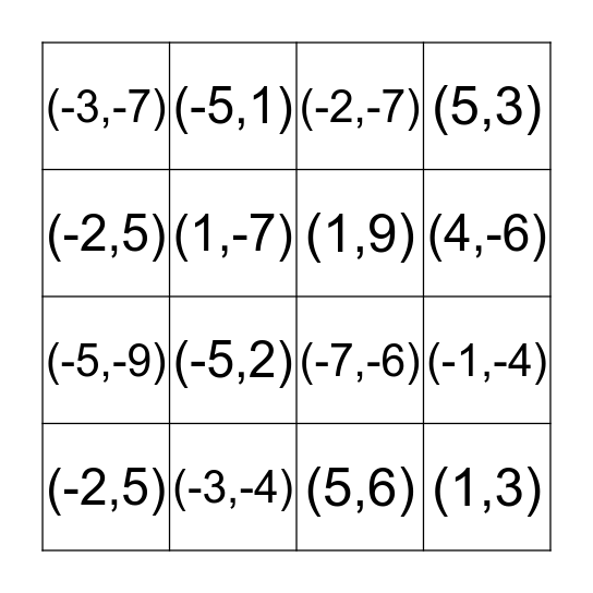 Systems of Equations Bingo Card