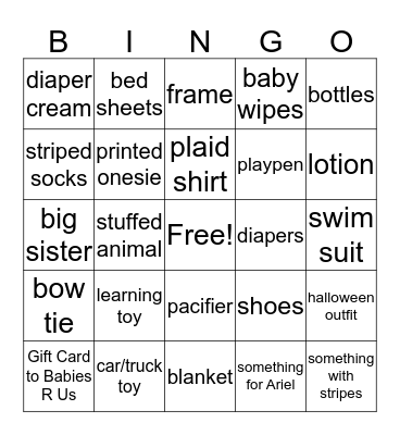 The Nolan Baby Shower Gift Bingo Card