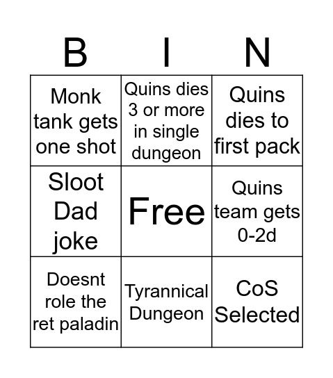 Quin Bin Bingo Card