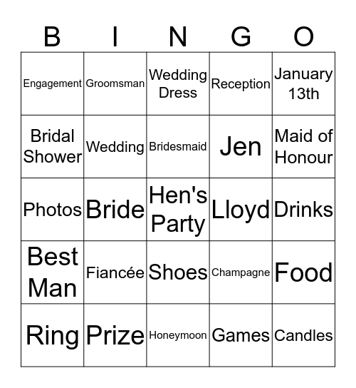 Jen's Bridal Shower Bingo Card