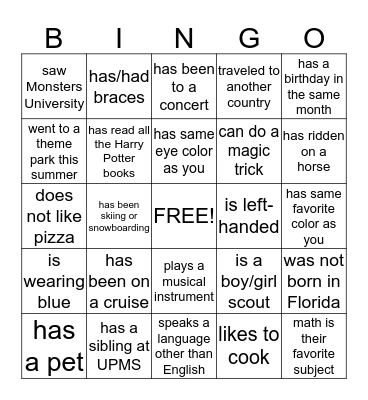 Getting to Know You Bingo Card