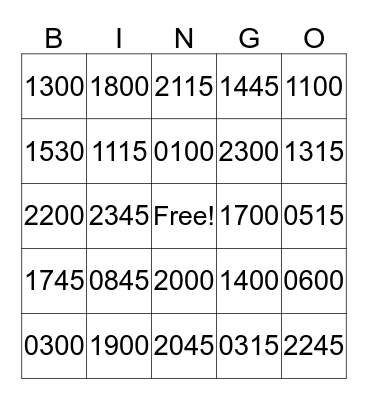 24 Hour Time Bingo Card