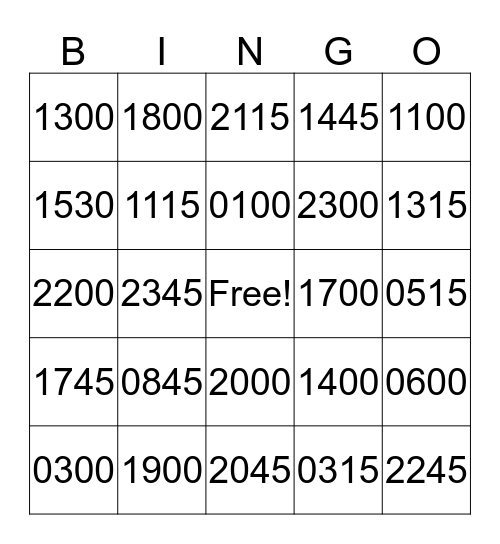24 Hour Time Bingo Card