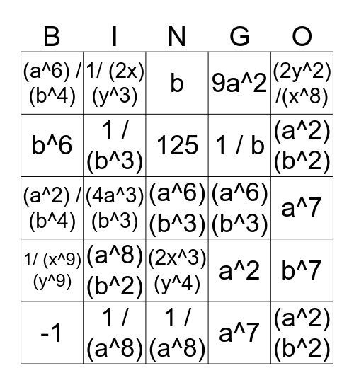 Exponent Bingo Card