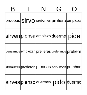 Spanish 2 Stem Change Present Tense Verbs Bingo Card