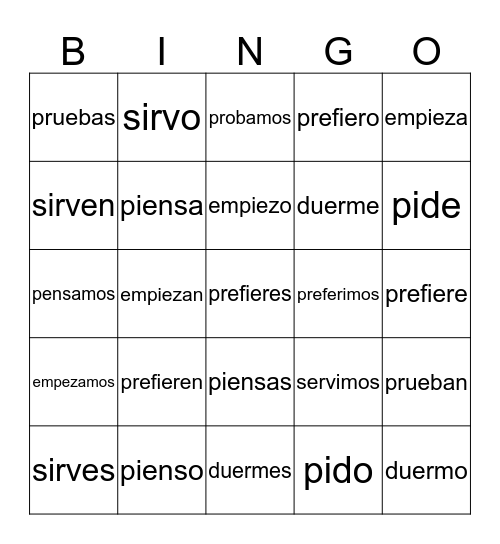 Spanish 2 Stem Change Present Tense Verbs Bingo Card