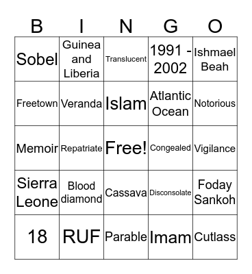 A Long Way Gone Vocab Bingo Card