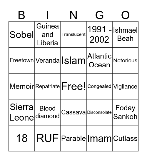 A Long Way Gone Vocab Bingo Card