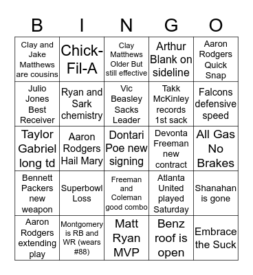 Falcons vs Packers Bingo Card