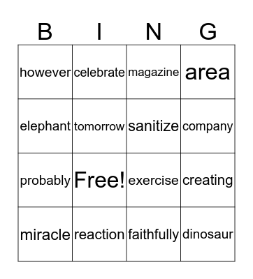 Spelling List 1 Bingo Card