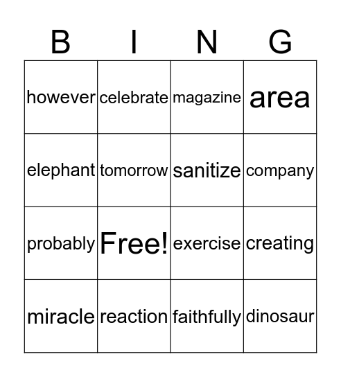 Spelling List 1 Bingo Card