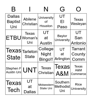 College Night Bingo Card