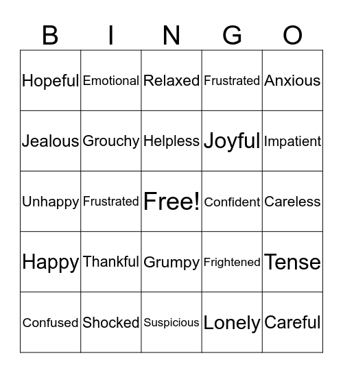 How do you feel today?  I feel..... Bingo Card