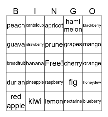 FRUIT BINGO: What fruit do you like?  I like... Bingo Card
