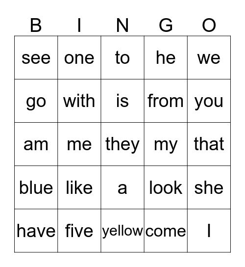 Kindergarten Words Bingo Card