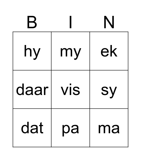 Sigwoord Bingo Card