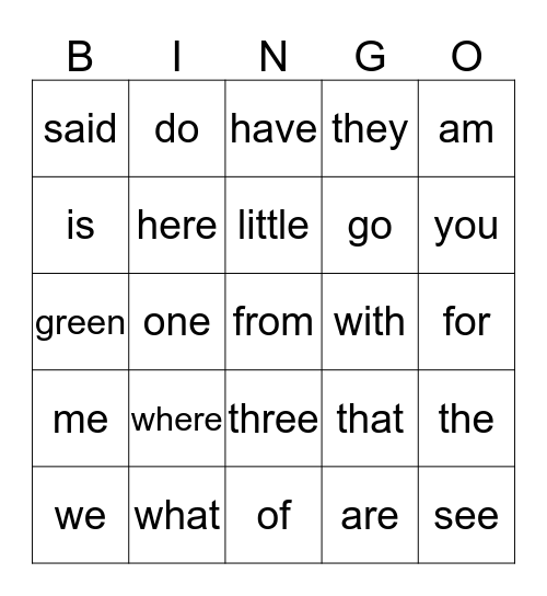 Kindergarten Words  Bingo Card