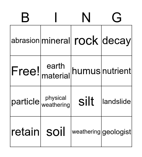 Soil and Weathering Bingo Card