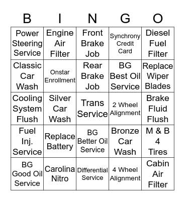 Service Spiff Bingo Card