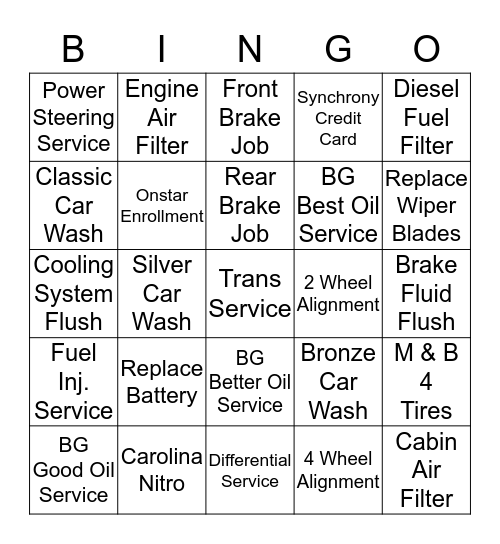 Service Spiff Bingo Card