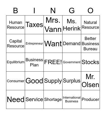 Economics Bingo Card