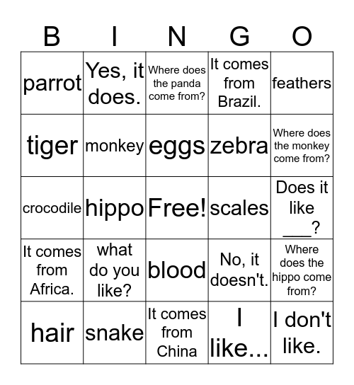 Super Minds 2a, Unit 2 The Zoo Bingo Card